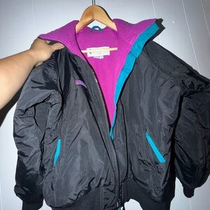 Women Vintage Columbia Black Jacket with Teal Trim and Magenta Fleece Lining